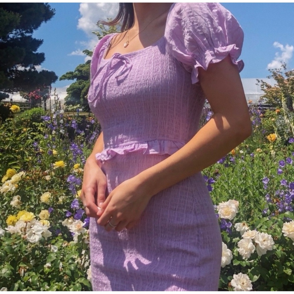 Princess Polly Margie Mini Dress Purple Smocked Puff Sleeve Ruffle Trim